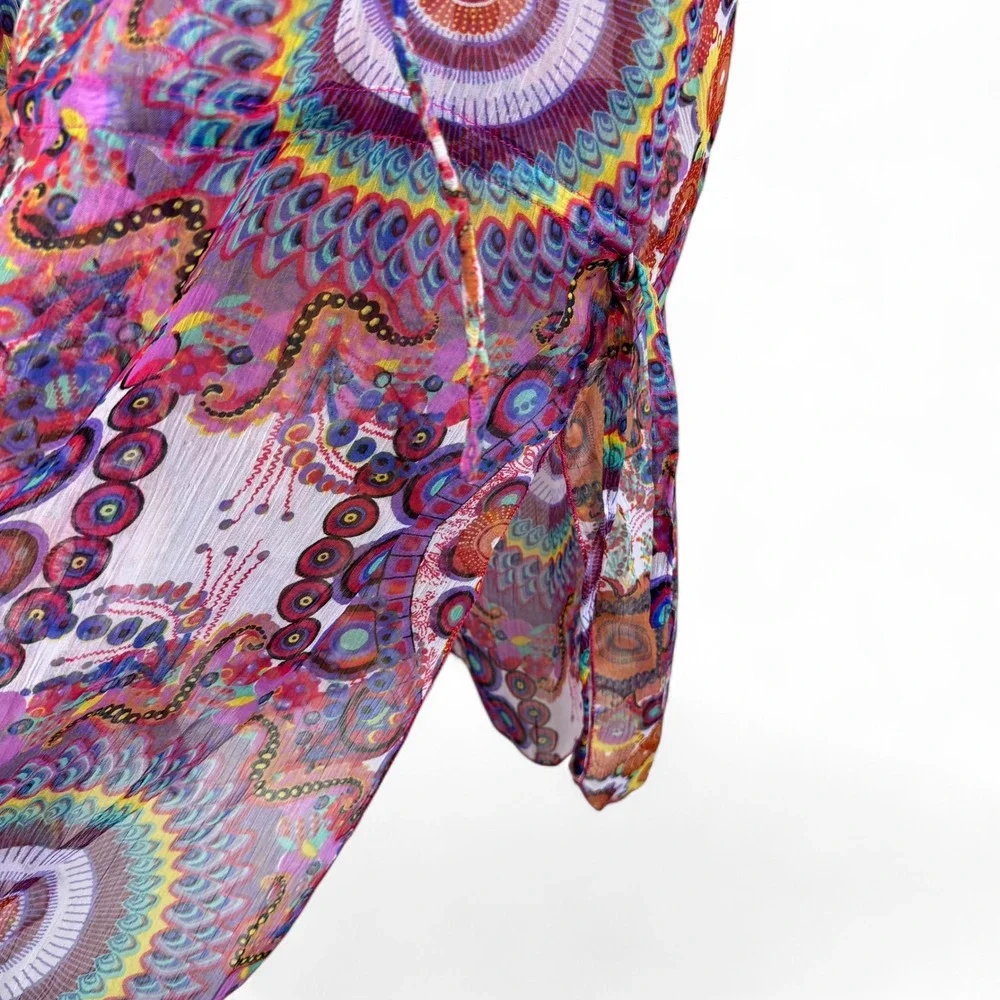 Khushbu Sheer Embellished Rhinestone Tunic‎ Top Mandala Paisley Print Pink Large
